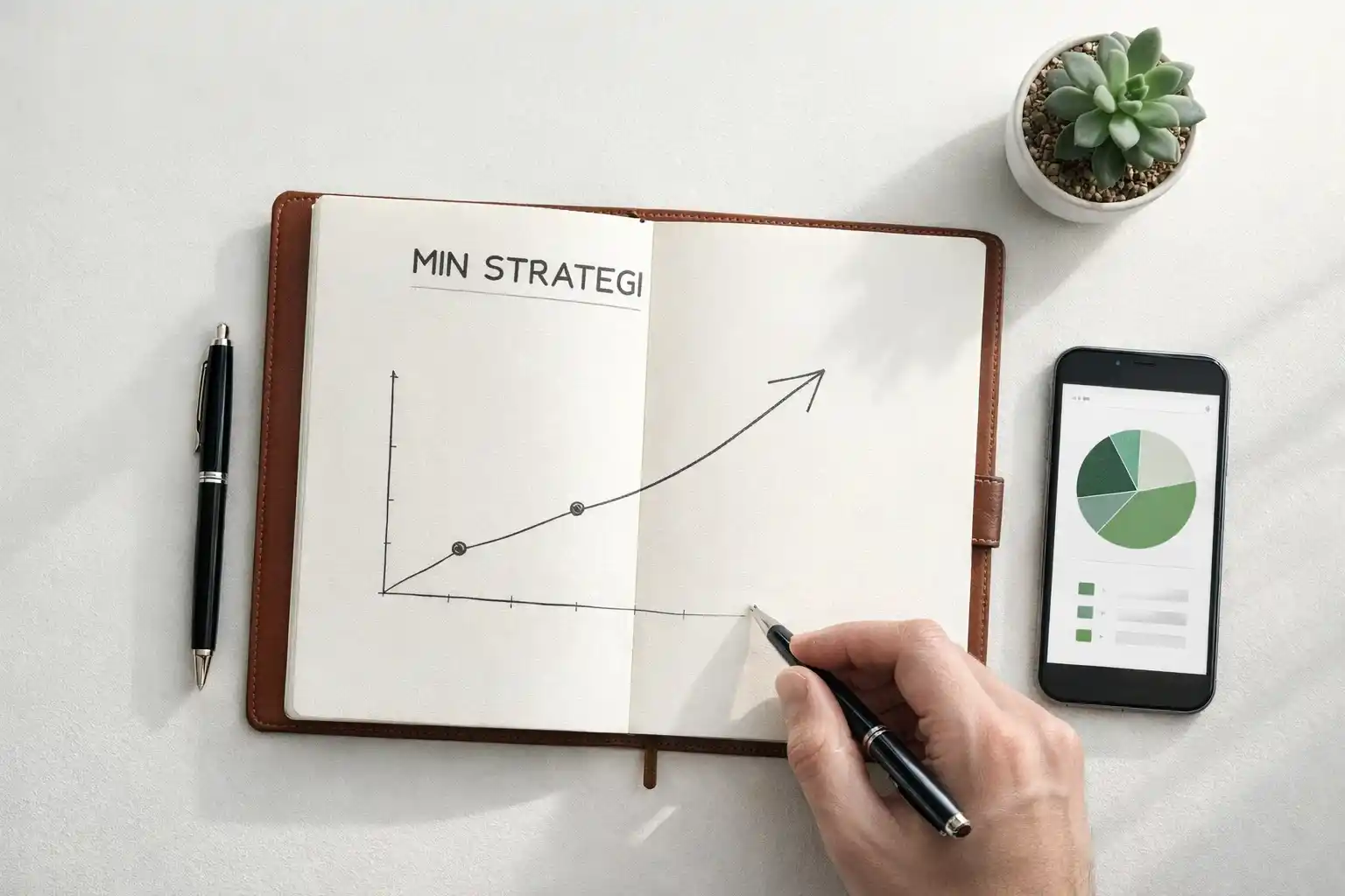 Organiseret skrivebord med notesbog og strategiplan for disciplineret bankroll management