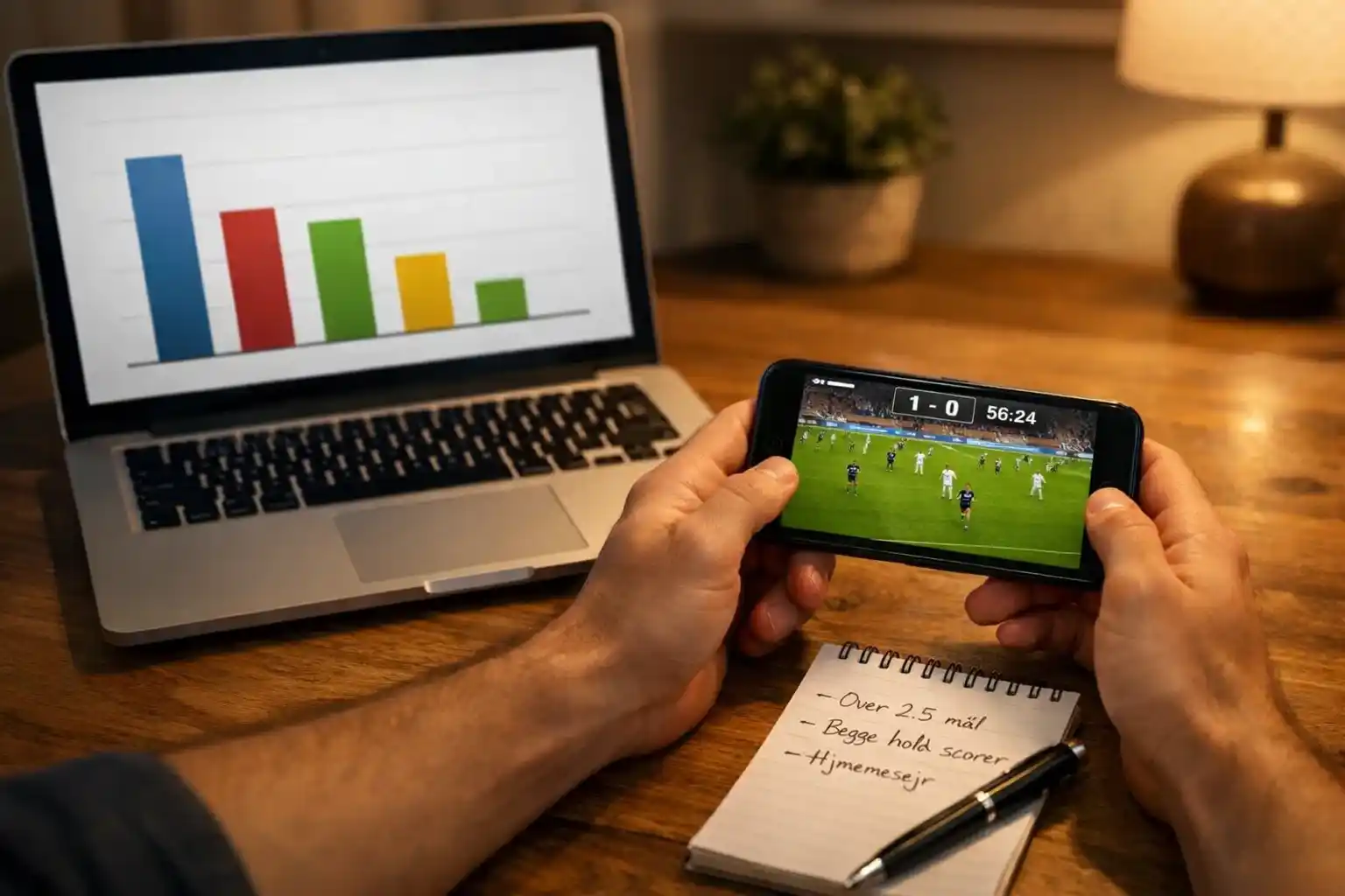 Person med smartphone der viser fodboldkamp og laptop med simpel sportsstatistik samt notesbog med håndskrevne noter