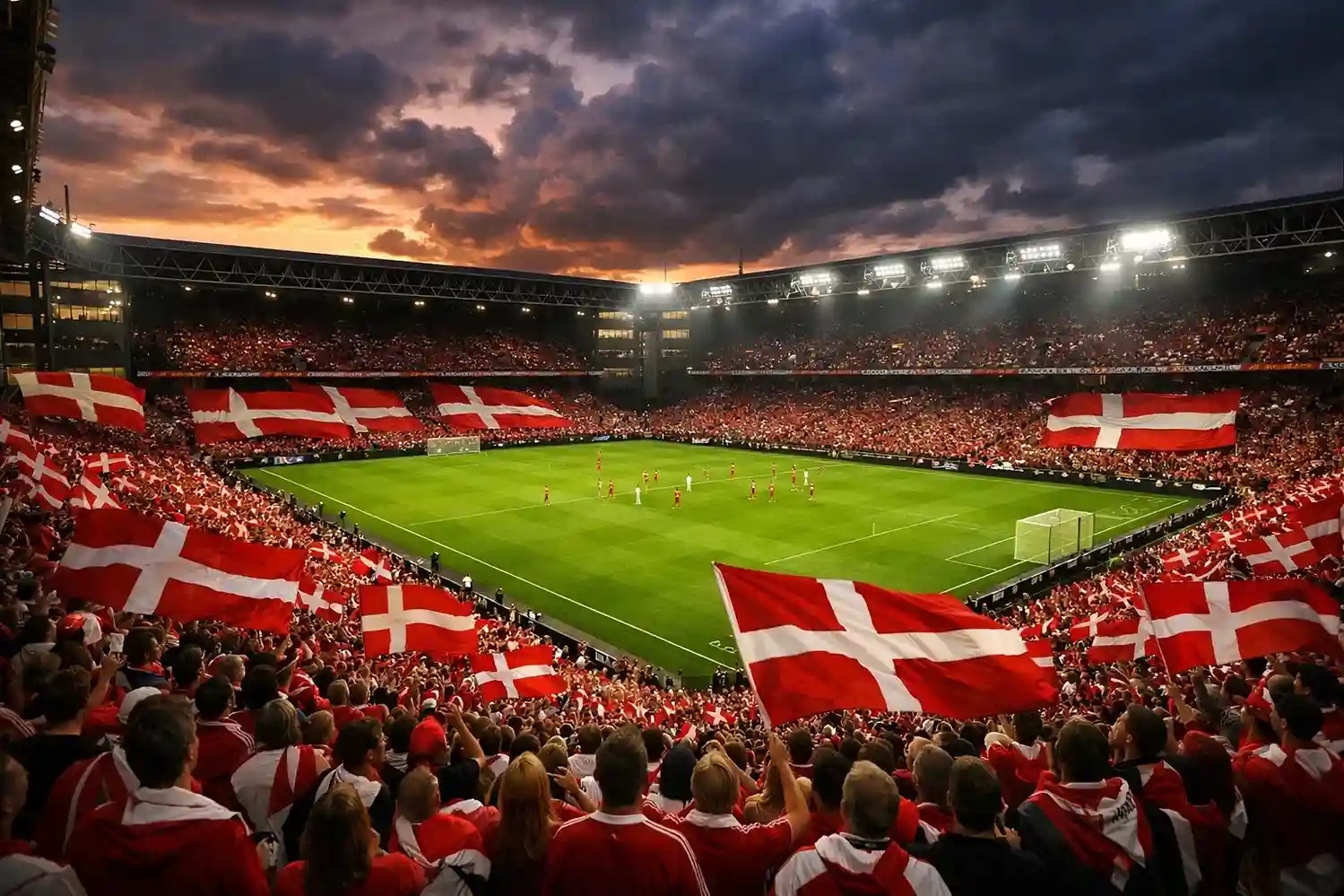 Parken Stadion i København fyldt med danske fans i rødt og hvidt med Dannebrog flag under aftenkamp