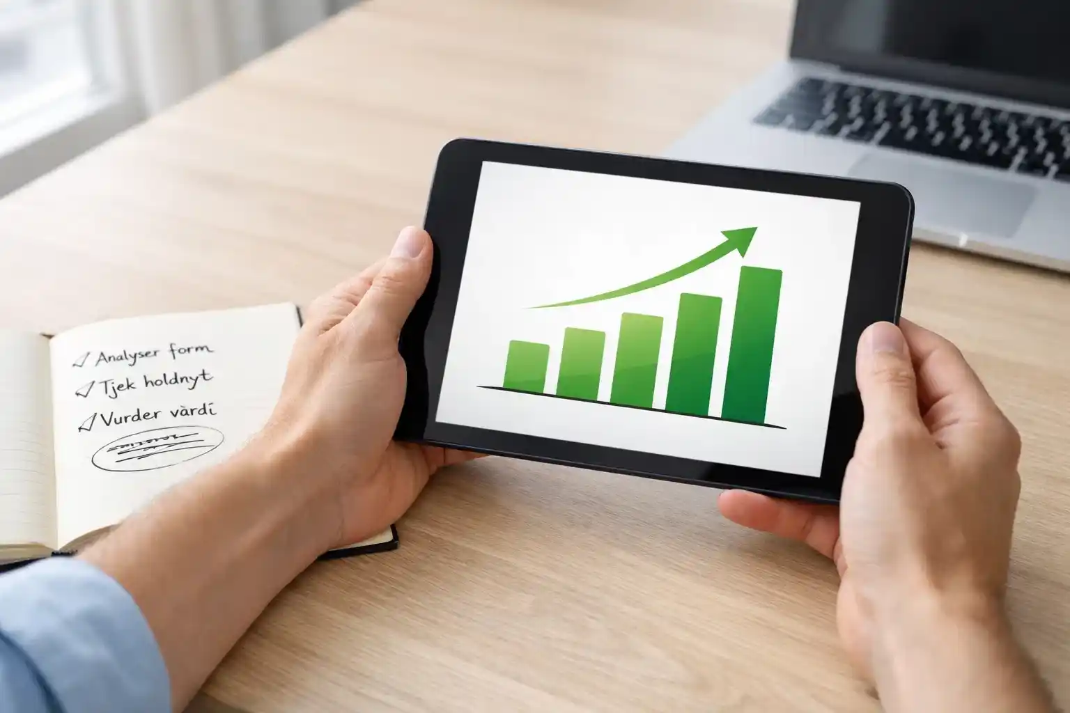 Person analyserer betting-strategier med tablet der viser positiv udviklingsgraf
