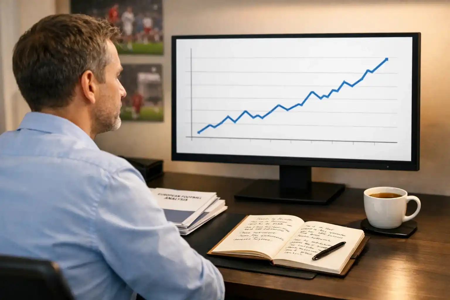 Sportsanalytiker gennemgår historiske EM kvalifikationsdata på skærm med grafer