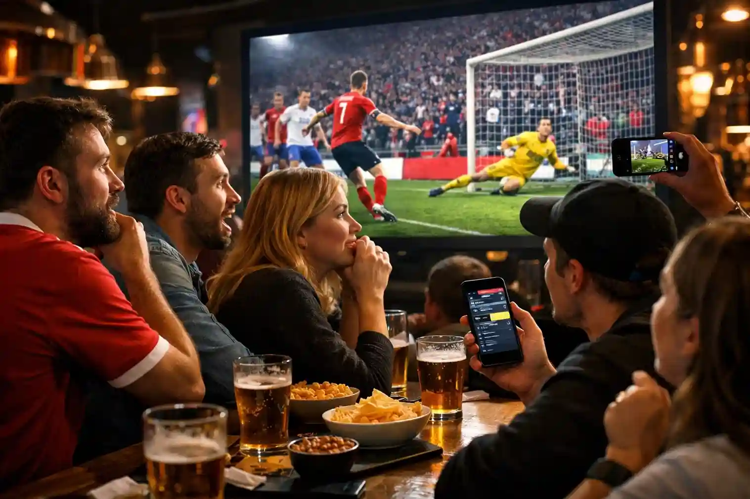 Entusiastiske fodboldfans ser live EM kvalifikationskamp i sportsbar med store skærme
