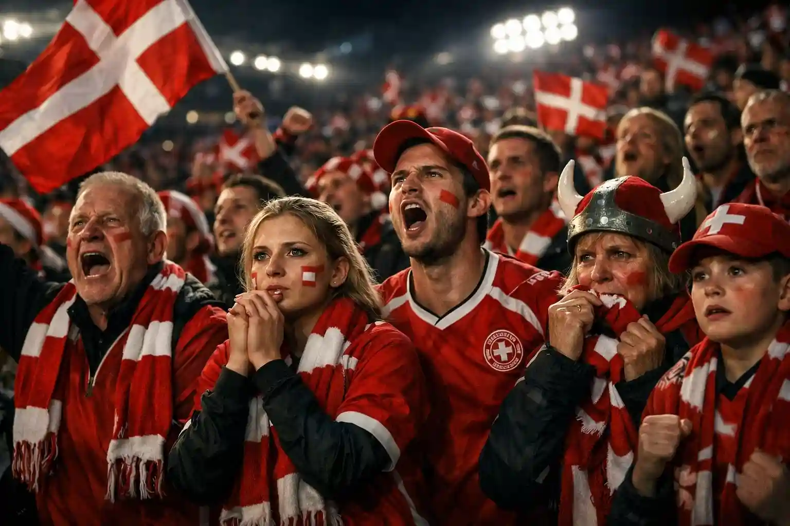 Passionerede fodboldfans med nationalflag på stadion under afgørende kvalifikationskamp