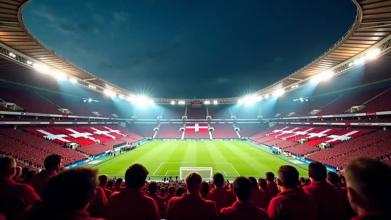 Fyldt fodboldstadion under en kvalifikationskamp med passionerede fans i rødt og hvidt