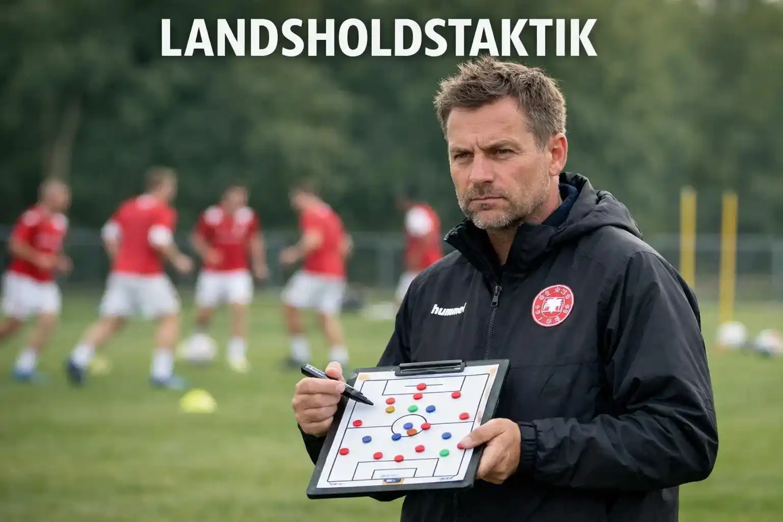Landstræner med taktiktavle under landsholdssamling på træningsbanen