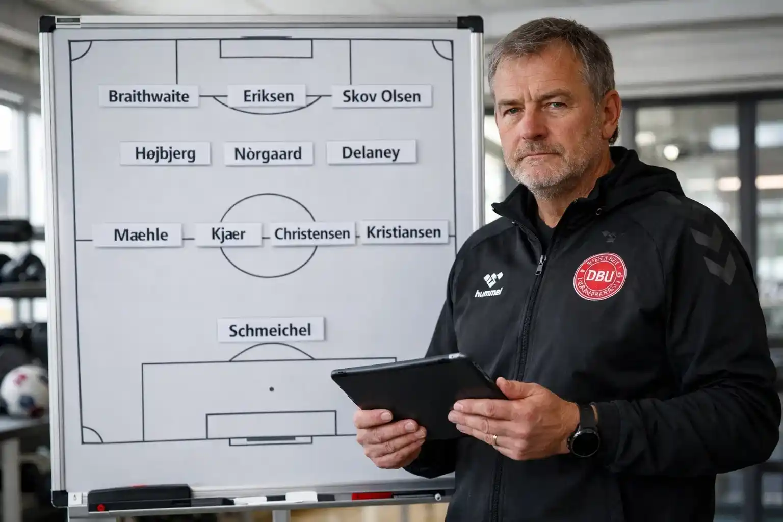 Landstræner gennemgår spillertrup og taktik på tavle i træningsfacilitet