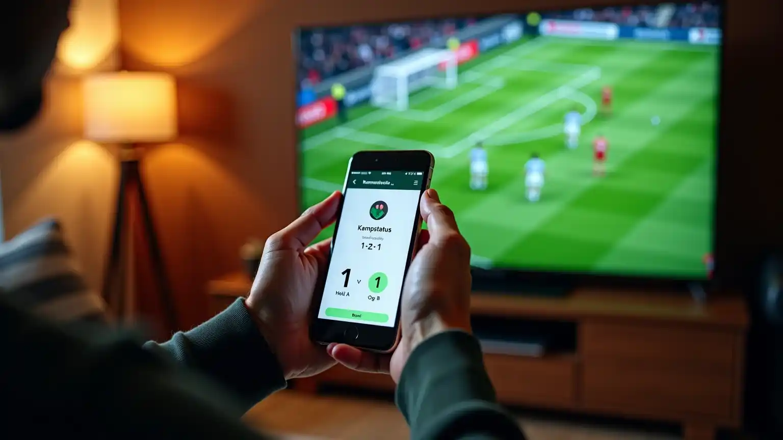 Hænder holder smartphone med sports-app mens fodboldkamp vises på TV i baggrunden