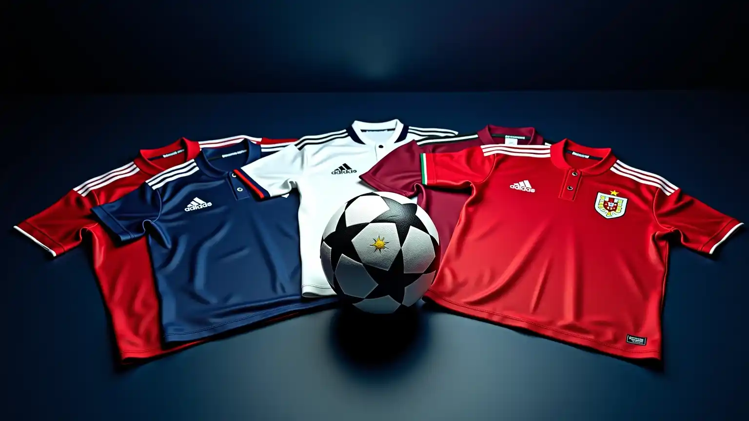 Udvalg af europæiske landsholdsfodboldtrøjer arrangeret med fodbold i centrum symboliserende Nations League
