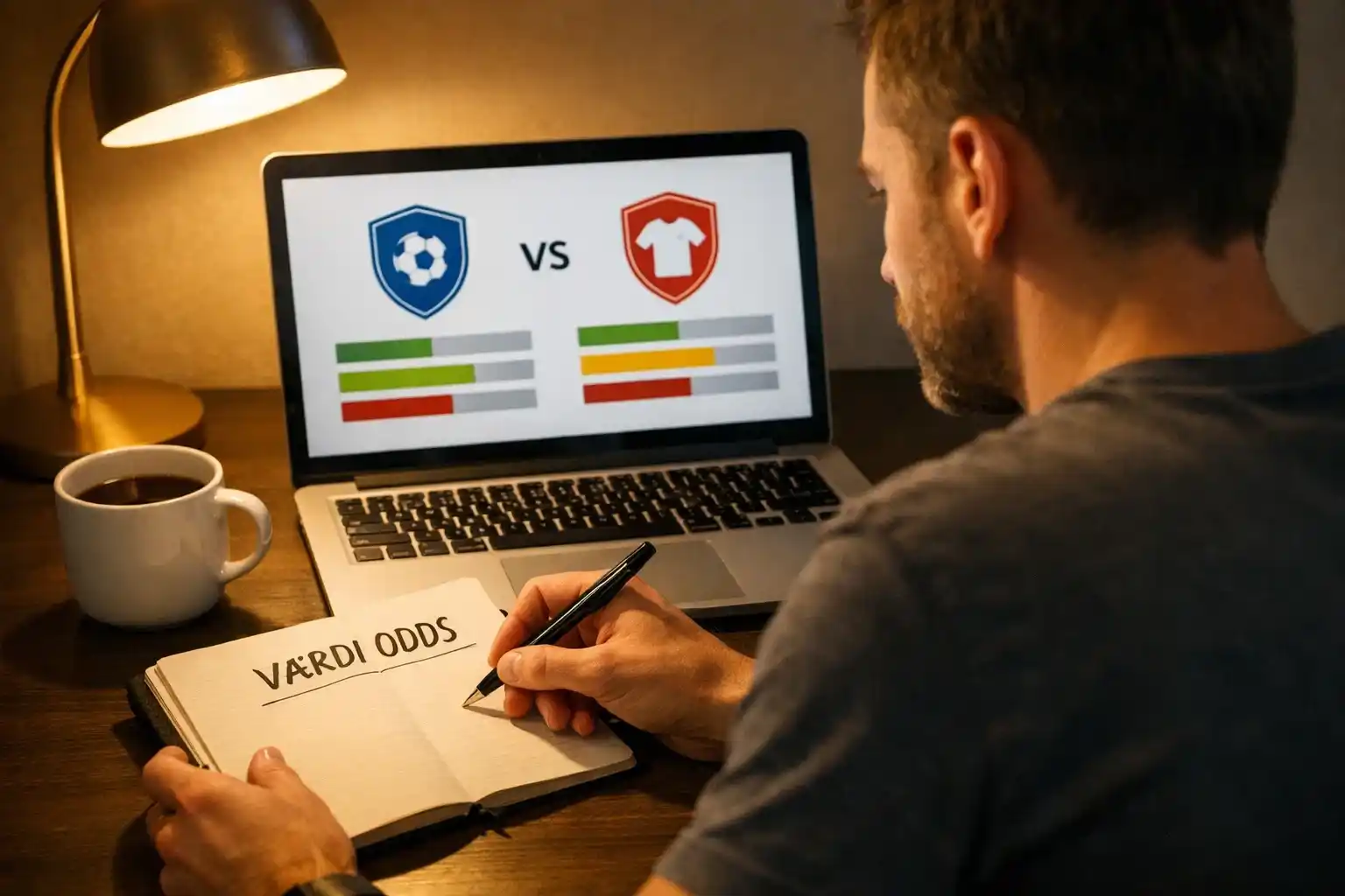 Mand analyserer fodboldstatistikker på laptop med notesbog og strategiske noter