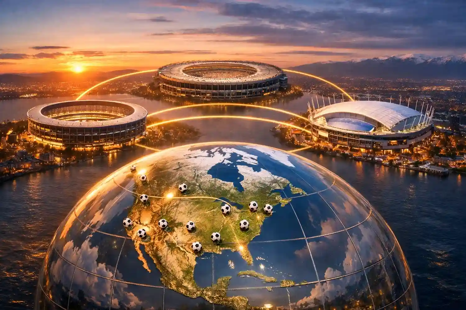 Luftfoto af tre ikoniske fodboldstadioner fra USA, Mexico og Canada forbundet med gyldne linjer og en globus med værtsbyer