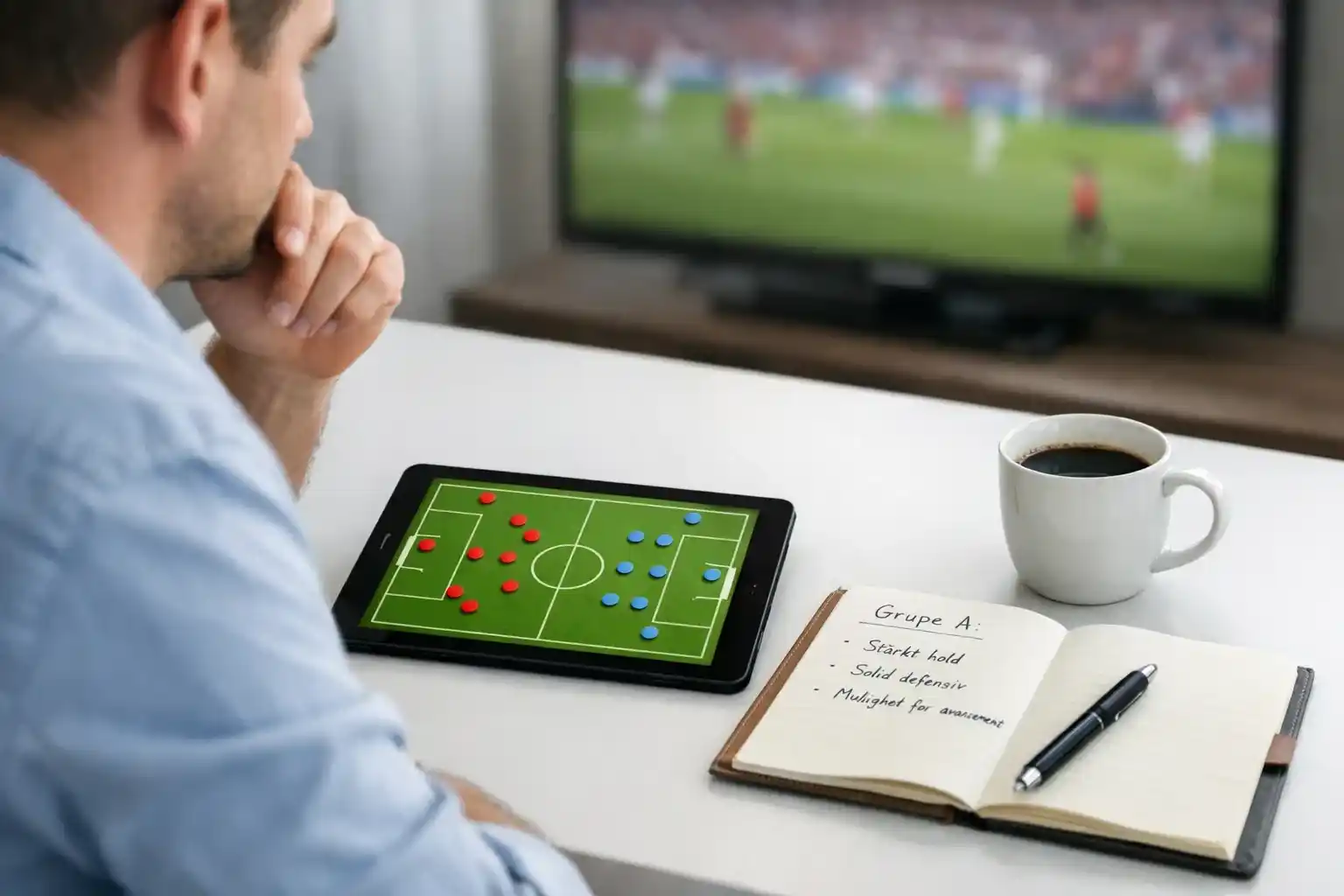 Sportsanalytiker ved moderne skrivebord med taktiske dokumenter, tablet med formationsdiagram og notesbog