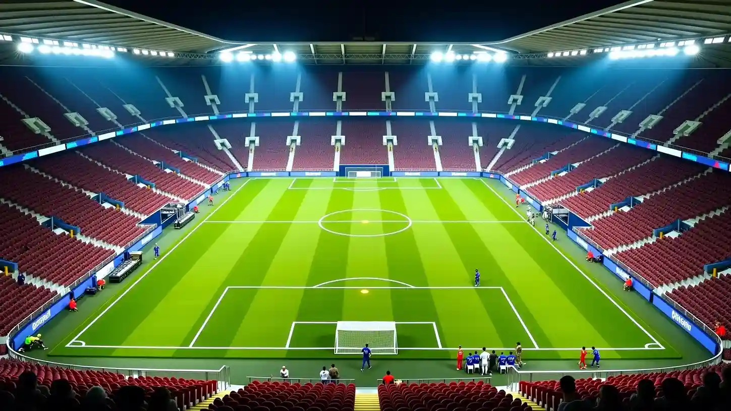 Luftfoto af et fyldt stadion under en VM-kvalifikationskamp med grøn bane og farverige fantribuer